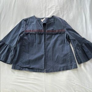 LOFT Outlet Blue Fringe/Embroidery Ruffle Sleeve Jacket